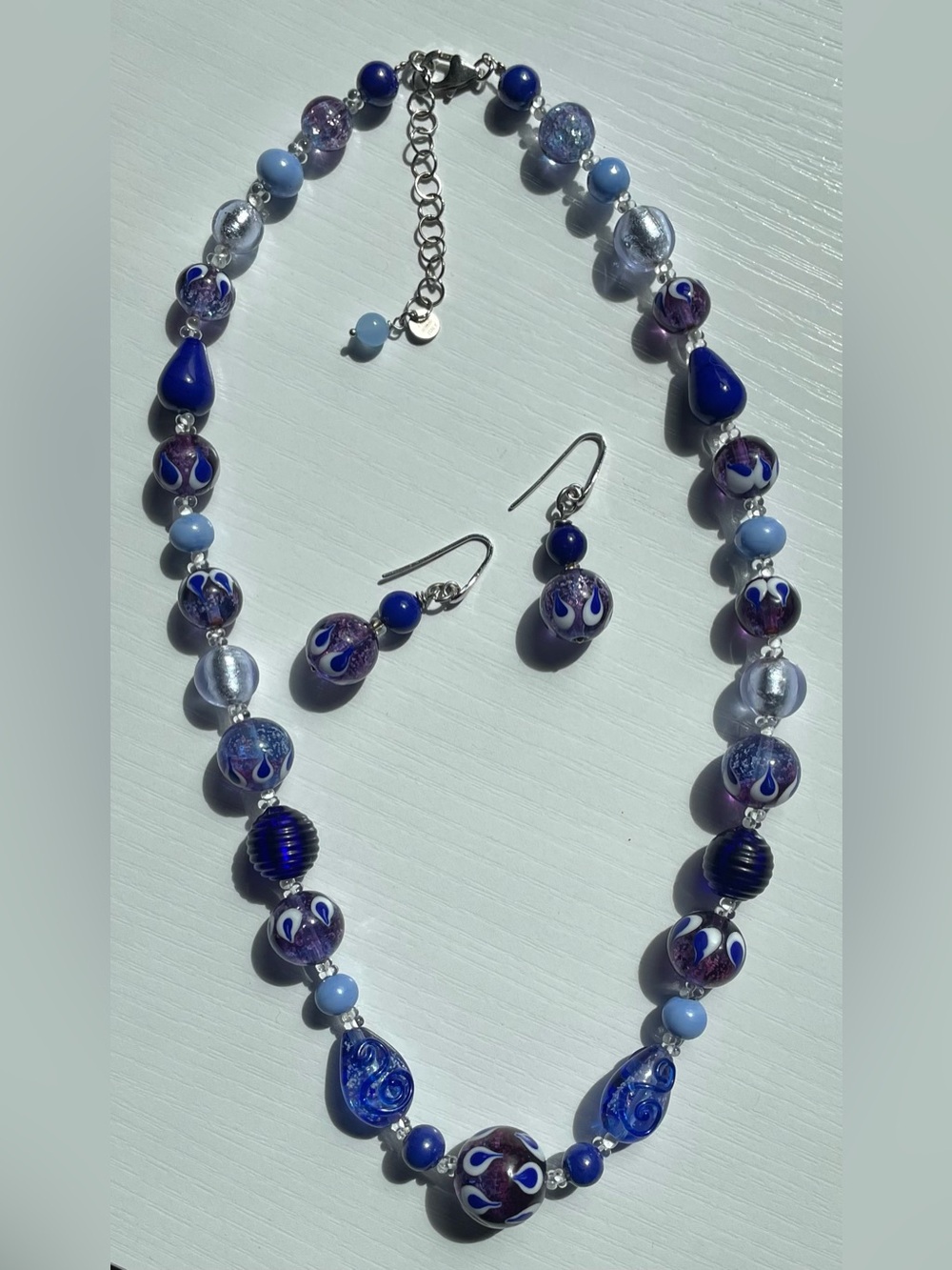 Vintage Cleo Italy 925 Sterling Silver Blue Murano Style Glass Bead Set
